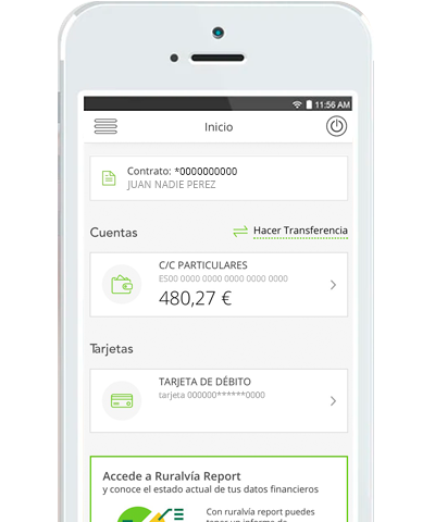 pantalla de móvil con la tarjeta de débito de Globalcaja, añadiendo tarjetas de Globalcaja a Ruralvía Pay, Apple Pay, Google Pay y Samsung Pay